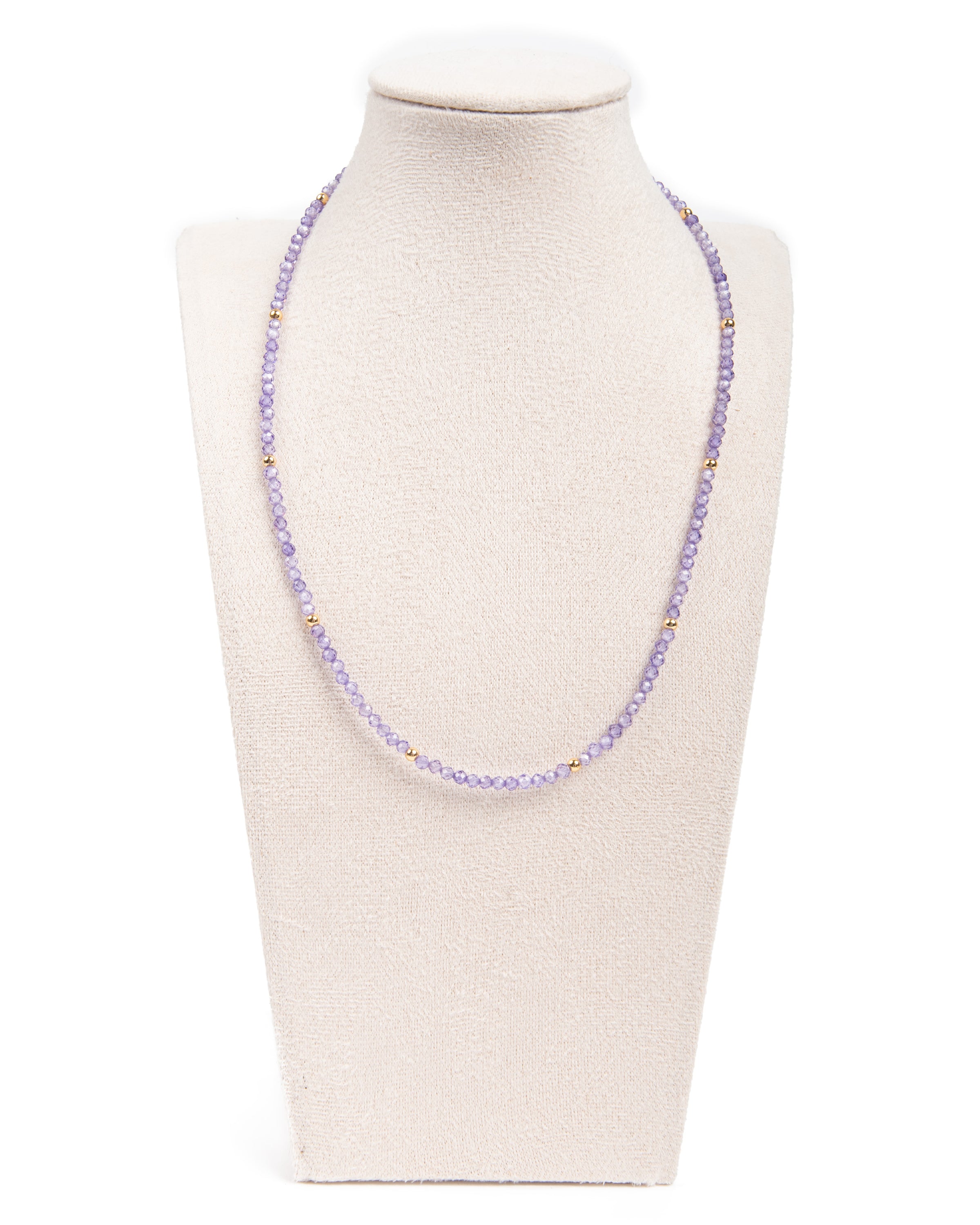 Chaîne cristal lilas avec perles dorées 18 carats