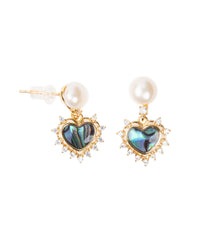 Boucles d'oreilles avec perle d'eau douce, coeur en ormeau et zirconium