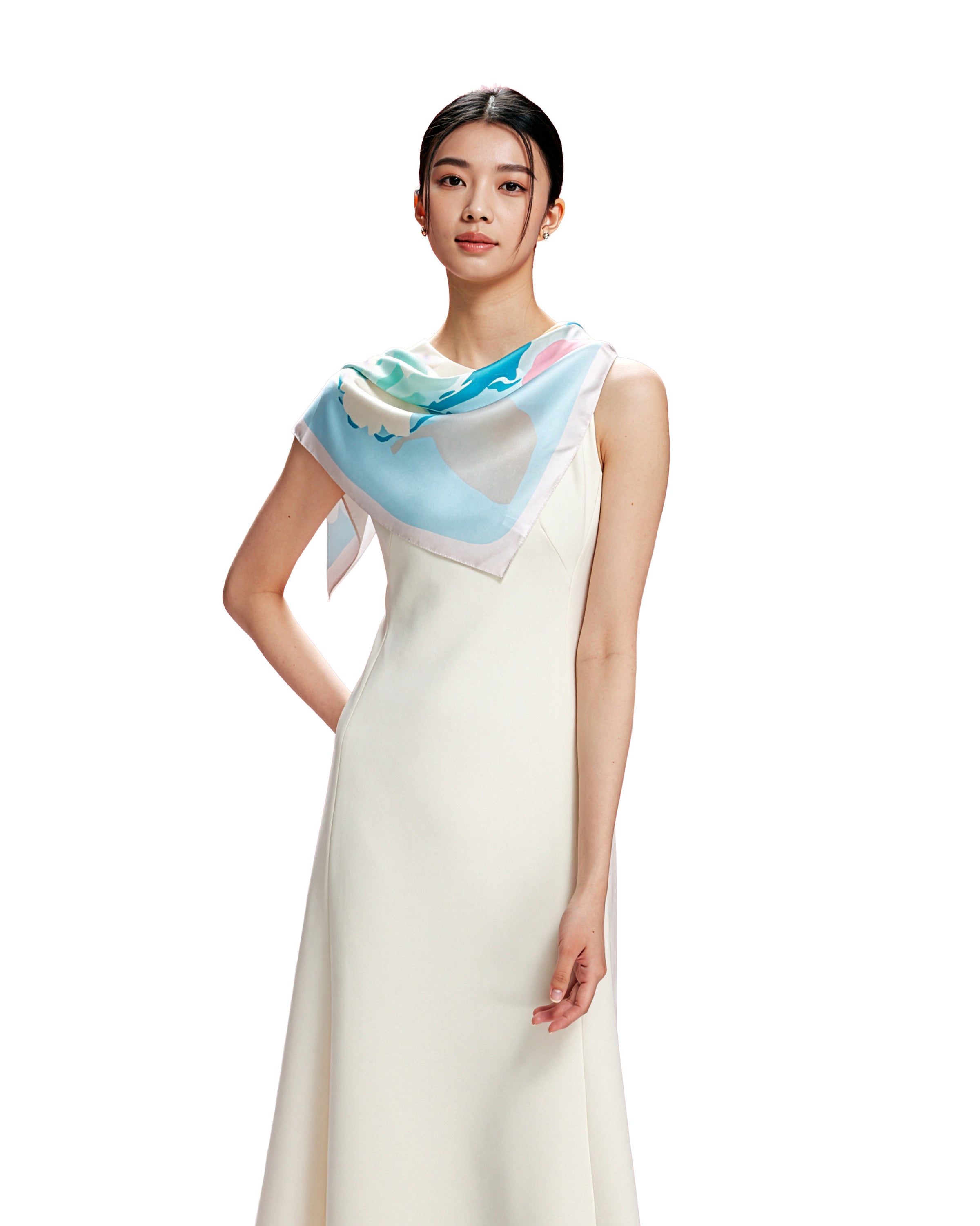 Seidentuch Premium Twill-Seide quadratisch 64x64cm, Wiesenblumen himmelblau