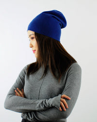 Beanie-Mütze aus 100% Kaschmir mit Rand Blau