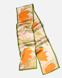 Seidenschal schmal,Tulpen, orange, grün, beiseitig 16 x 145 cm, Sommerschal